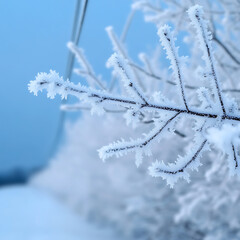 Obraz premium Frost covered branches glisten under cold weather conditions, creating serene winter landscape that captivates eye