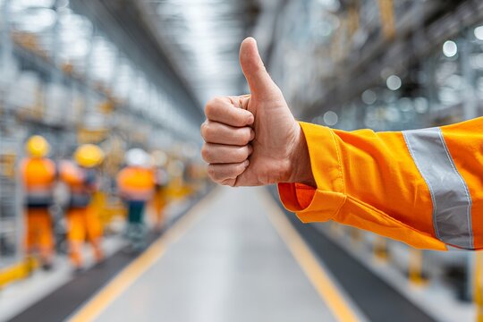 Thumbs up gesture in industrial warehouse setting with workers in safety gear