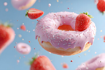 a donut with pink icing and sprinkles is surrounded by strawberries