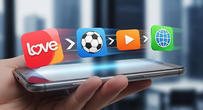 Hand holds a smartphone displaying colorful app icons for social media, entertainment, and global communication.