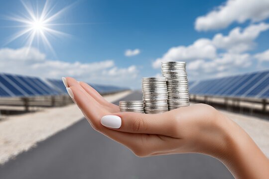 Sustainable energy investment: female hand holding coins with solar panels in background
