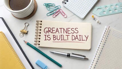 Inspirational workspace with notebook and stationery items emphasizing the daily pursuit of greatness and productivity