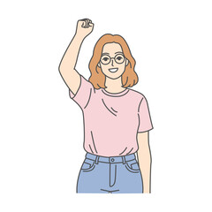 A joyful young woman with glasses raises her hand confidently, showcasing happiness and determination