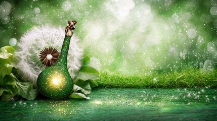 Elegant green vase with dandelion seeds and sparkling bokeh on sunny spring background