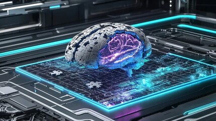 Futuristic Digital Brain Design with Glowing Neural Connections in a High-Tech Environment
