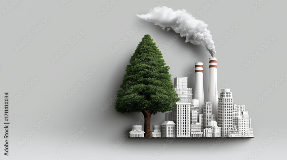Poster harmony of environment: a contrasting visual of a tree harmonizing with an industrial cityscape and 