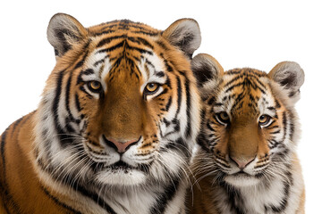 Fototapeta premium Close-up of a tiger mother and her cub isolated on transparent background