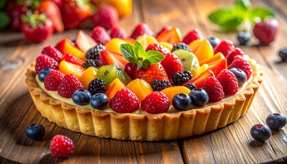 Delicious Fruit Tart Topped with Fresh Berries and Mint on Wooden Table