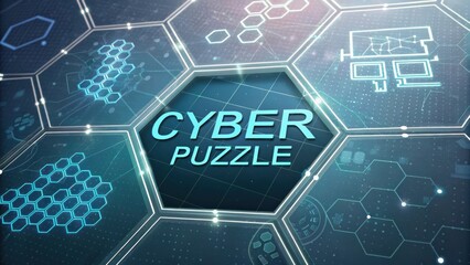 Interactive cyber puzzle graphic with glowing hexagonal patterns and technology-related icons in blue tones