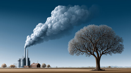 Environmental Contrast: Illustrative scene, showing a striking juxtaposition of industrial pollution against a solitary tree.