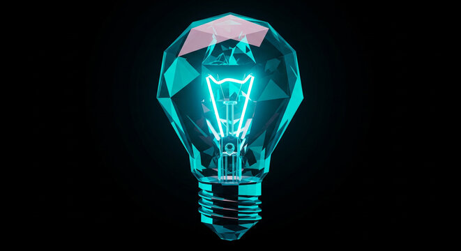 A glowing turquoise multifaceted light bulb on a dark background, a creative and modern representation of a brilliant idea, innovation, and clean energy