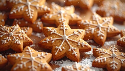 Closeup of festive winter gingerbread cookies decorated with royal icing