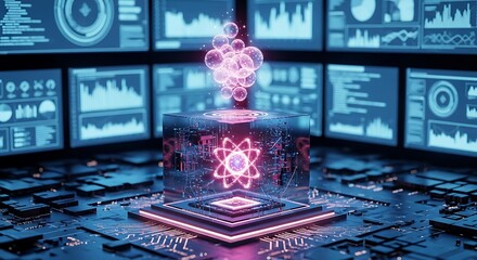 Futuristic quantum computing concept with glowing atom and data screens in a high tech environment showcasing advanced technology and scientific research
