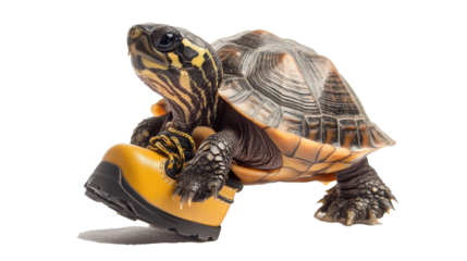 a baby turtle wearing tiny hiking boots, slow but ready to trek, isolated on white background, adorable travel character png