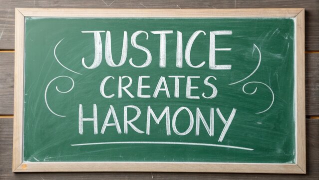 Justice Creates Harmony Inspirational Message on a Chalkboard in a Vintage Classroom Setting