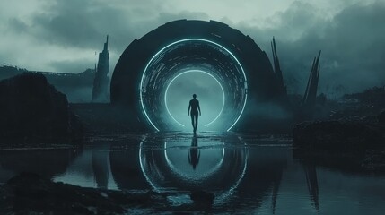 Mysterious portal in an otherworldly landscape with silhouetted figure at dawn