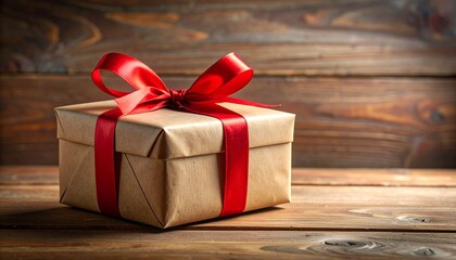 Beautifully Wrapped Gift Box with Red Ribbon on Wooden Table