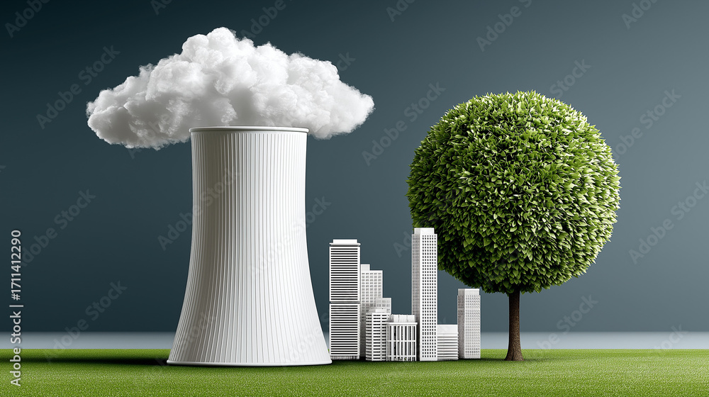 Poster the battle of the environment: the image portrays a striking contrast between a polluting factory an