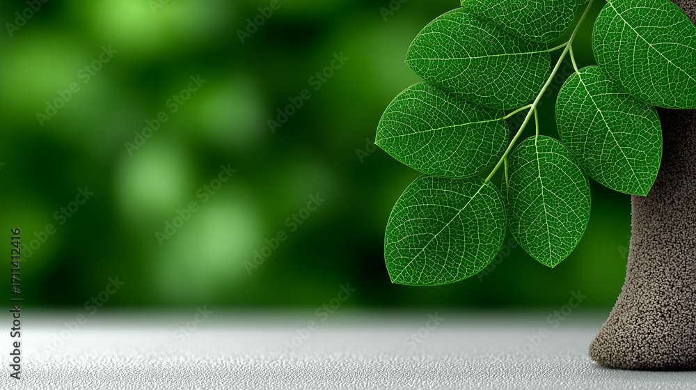 Poster branching into tranquility: a close-up shot showcasing vibrant green leaves gently cascading from a 