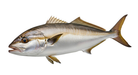 Obraz premium Side view of a whole, fresh-looking, golden-colored fish, likely a yellowtail amberjack.