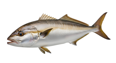Side view of a whole, fresh-looking, golden-colored fish, likely a yellowtail amberjack.
