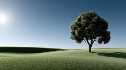Solitary Tree under the Sun: A serene image of a lone tree standing tall on a gentle grassy hill. Under the warm sunlight and clear blue sky. A calming scene, perfect for conveying peace, serenity.