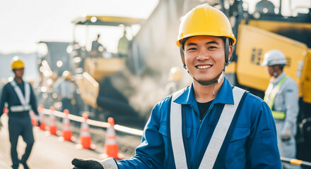 日本の道路建設現場で働くベトナム人男性