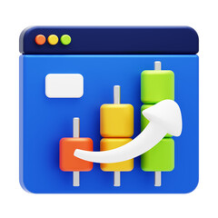 3D icon of a financial candlestick chart on a screen, representing stock market trading, investment analysis, and financial growth.