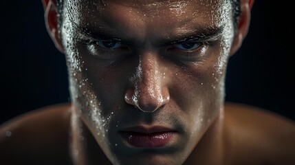 Intense Swimmer's Face with Dramatic Water Droplets
