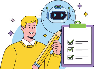 Man with robot assistant and checklist isolated on white background