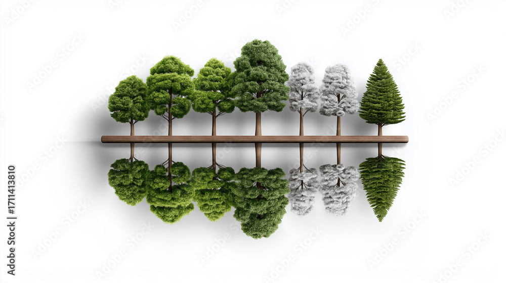 Poster reflection trees: an artistic representation of a forest, showcasing diverse tree types with their r