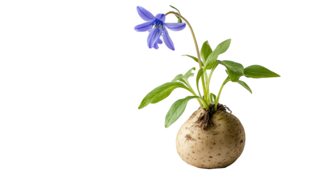 A bluebell grows from a giggling potato doing cartwheels, symbolizing joyful roots and playful bloom, on white background. - png