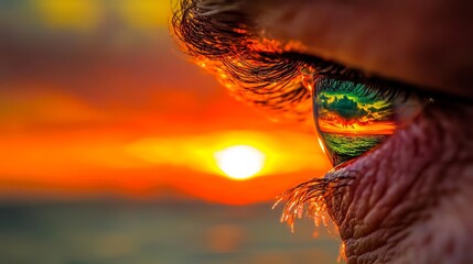 Close-Up of an Eye Reflecting a Vibrant Sunset Over Ocean Waters in a Dramatic Scene