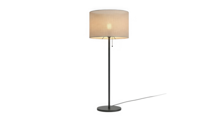 Modern cylindrical drum shade floor lamp with metal pole and circular base providing ambient light transparent background