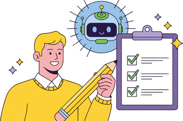 Man with robot assistant and checklist isolated on white background