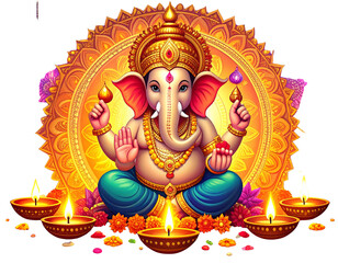 Vibrant Ganesh Chaturthi Festival Background with Lord Ganpati Illustration and Decorative Lamps, Isolated PNG