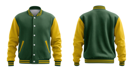 Front and back view of a green and yellow varsity jacket isolated on transparent background