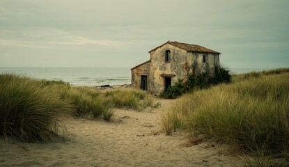Ruined seaside cottage, weathered stone, sandy beach