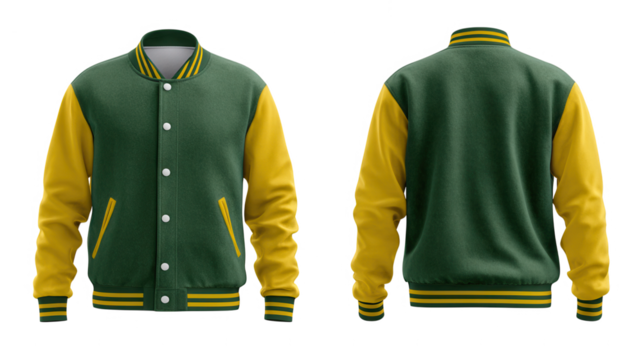Front and back view of a green and yellow varsity jacket isolated on transparent background