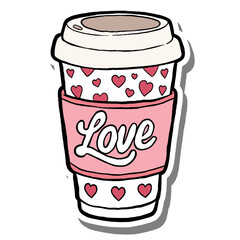 Cute hand drawn illustration of a takeaway coffee cup with a lid, pink sleeve and the word love. Perfect for cafe designs, menus, stickers, and cozy themed projects.