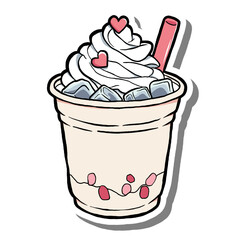 Cute hand drawn illustration of an Ice  Coffee with Cream decorated with pink hearts and a straw. Perfect for summer, cafe designs, love themed projects, stickers, and playful graphics.
