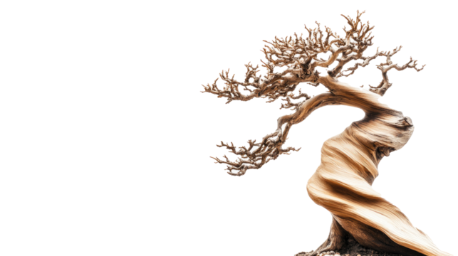 A bonsai made from carved wood with twisted branches on a white background png