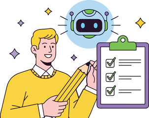 Man with checklist and robot assistant isolated on white background