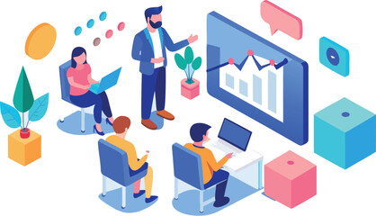 Business Marketing illustrations. Business people office life, A person analyzing data on dual monitors in a modern office setting, 