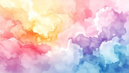 Obraz premium Abstract Watercolor Painting with Vibrant Rainbow Hues in Yellow Orange Pink Purple and Blue Colors on White Background with Cloudlike Texture and Artistic Effect