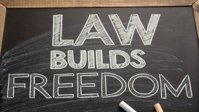 Law Builds Freedom Inspirational Message on Chalkboard with White Chalk and Wooden Frame