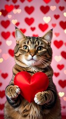 Cute tabby cat holding heart