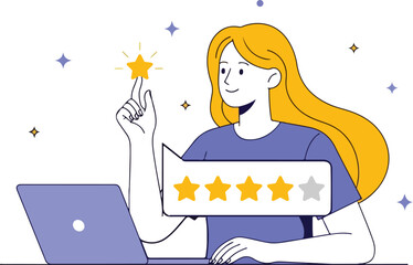 Woman giving online feedback with four star rating isolated on white background