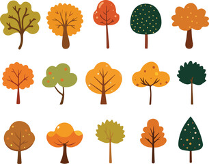 Collection of colorful hand drawn tree illustrations ideal for autumn and seasonal designs