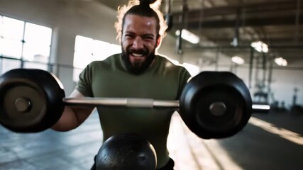 Determined Man Grinning and Sweating While Lifting Barbell in a Sunlit Industrial Gym